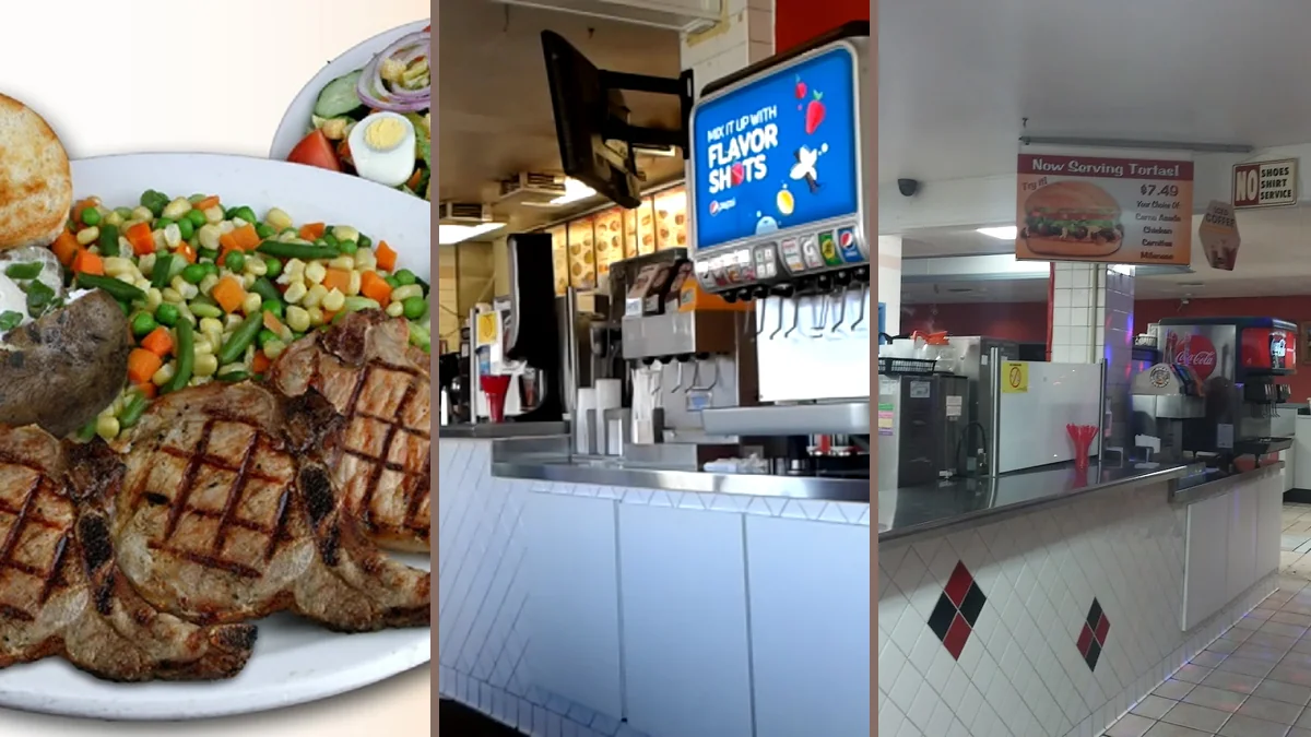 Fast food restaurant interior with simple seating.