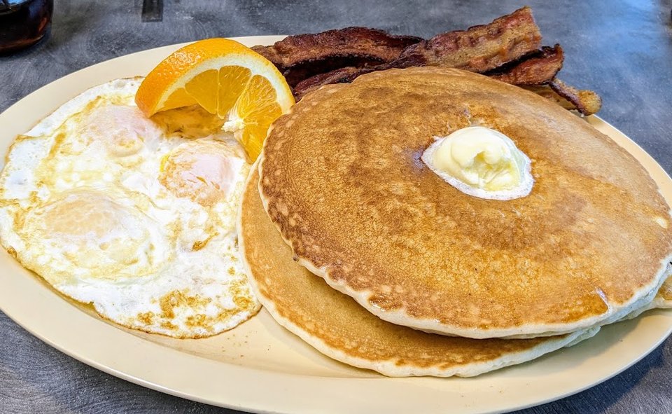 Pancakes Eggs and Bacon or Sausage